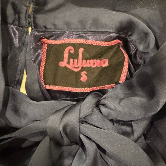 Luluvia Anthropologie tie neck draped shoulder lined top buttons down back bow - Picture 7 of 10